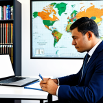 A focused logistics professional in a modest business suit, sitting thoughtfully at a modern desk in a clean, quiet home office. The desk is organized with an open laptop displaying a study guide, several logistics textbooks, and a pen and notebook. The background features a blurred bookshelf and a global map, subtly hinting at supply chain concepts. The person is fully clothed, appropriate attire, engaged in deep study, perfect anatomy, correct proportions, natural pose, well-formed hands, proper finger count, natural body proportions. The image should convey a sense of dedication and preparation, high-quality professional photography, safe for work, appropriate content, fully clothed, modest, family-friendly.