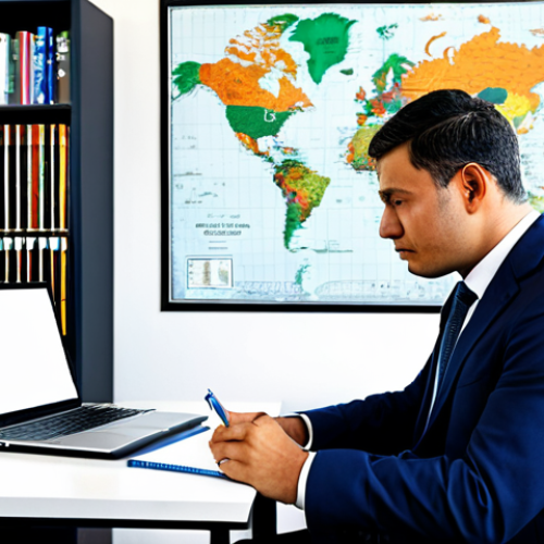 Home 11 A focused logistics professional in a modest business suit, sitting thoughtfully at a modern desk in a clean, quiet home office. The desk is organized with an open laptop displaying a study guide, several logistics textbooks, and a pen and notebook. The background features a blurred bookshelf and a global map, subtly hinting at supply chain concepts. The person is fully clothed, appropriate attire, engaged in deep study, perfect anatomy, correct proportions, natural pose, well-formed hands, proper finger count, natural body proportions. The image should convey a sense of dedication and preparation, high-quality professional photography, safe for work, appropriate content, fully clothed, modest, family-friendly.