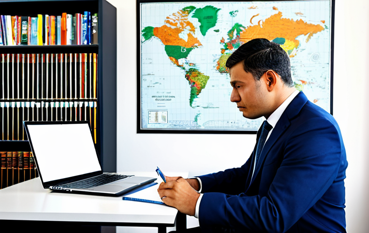 A focused logistics professional in a modest business suit, sitting thoughtfully at a modern desk in a clean, quiet home office. The desk is organized with an open laptop displaying a study guide, several logistics textbooks, and a pen and notebook. The background features a blurred bookshelf and a global map, subtly hinting at supply chain concepts. The person is fully clothed, appropriate attire, engaged in deep study, perfect anatomy, correct proportions, natural pose, well-formed hands, proper finger count, natural body proportions. The image should convey a sense of dedication and preparation, high-quality professional photography, safe for work, appropriate content, fully clothed, modest, family-friendly.