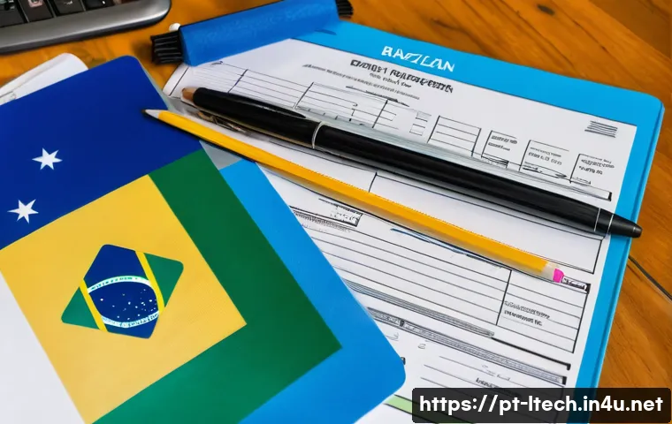 물류기술사 실기시험 준비물 체크리스트 - A neatly organized study desk set up for a Brazilian logistics exam candidate, featuring official id...