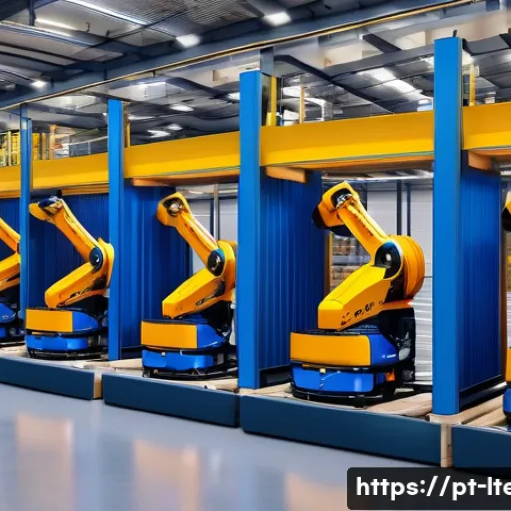 물류기술사와 다국적 기업 물류 사례 - A modern logistics warehouse interior showcasing intelligent automation: robotic arms and automated ...