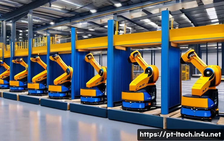물류기술사와 다국적 기업 물류 사례 - A modern logistics warehouse interior showcasing intelligent automation: robotic arms and automated ...