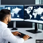물류기술사 자격증과 물류 계약 관리 - A professional logistics manager in a modern office environment, analyzing detailed digital maps and...