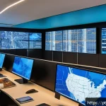 물류기술사 자격증과 AI 물류 기술 트렌드 - A modern logistics control room with diverse professionals of various ethnicities analyzing real-tim...