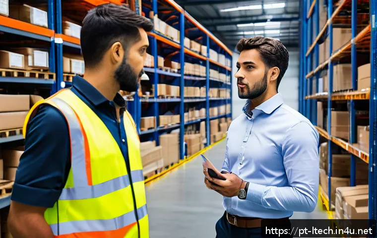 물류기술사 자격증의 취업 필수성 - A professional logistics manager in a modern warehouse environment, wearing business casual attire w...