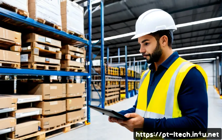 물류기술사와 3PL 운영 사례 - Photorealistic logistics engineer in a modern Brazilian distribution center, wearing a high-visibili...